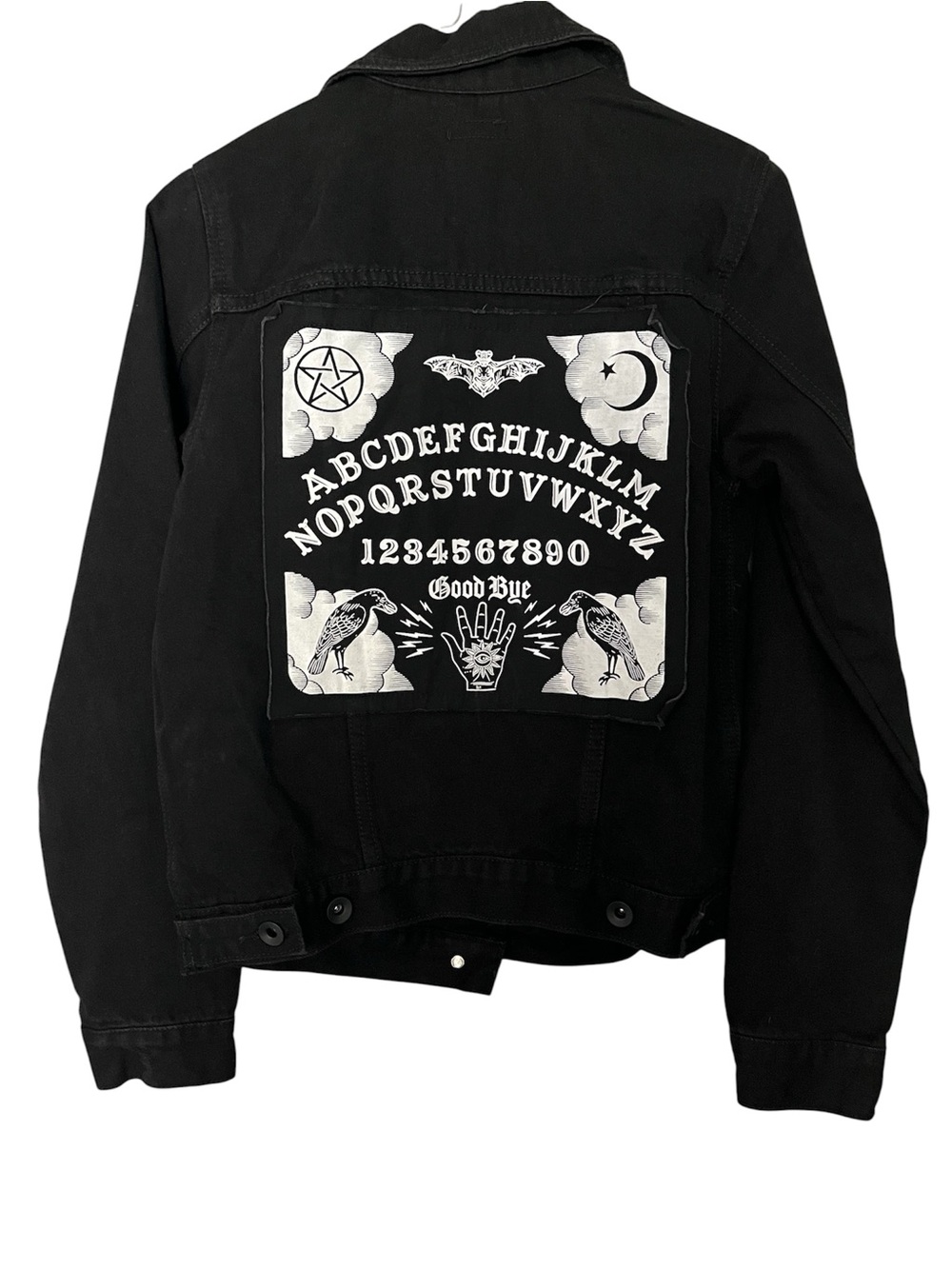 Hot Topic Black Denim Jacket Ouija Board Bad Vibes Goth XS